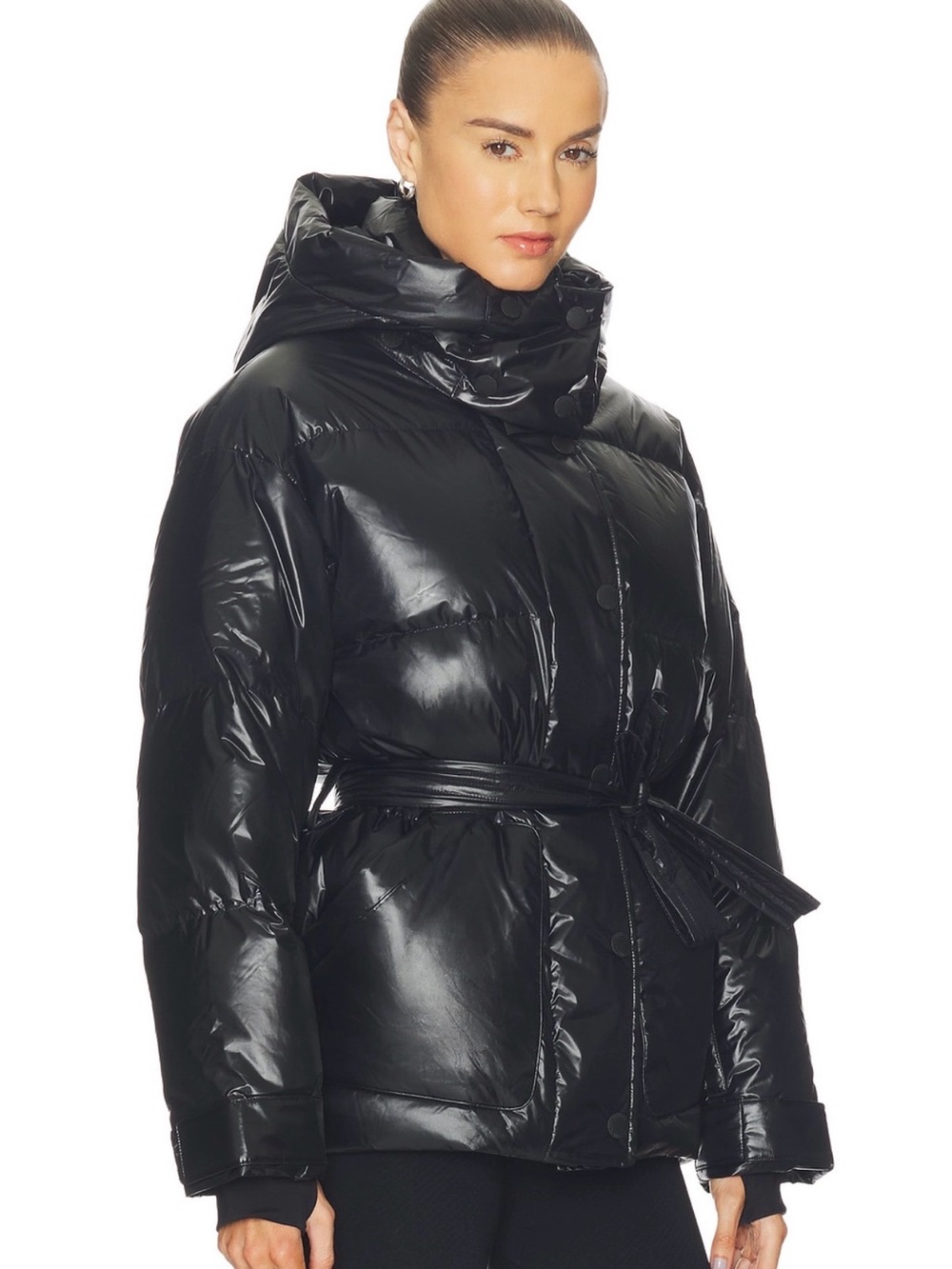 Perfect Moment Glossy Black Belted Hooded Puffer Jacket - Cortina Ski Parka XL